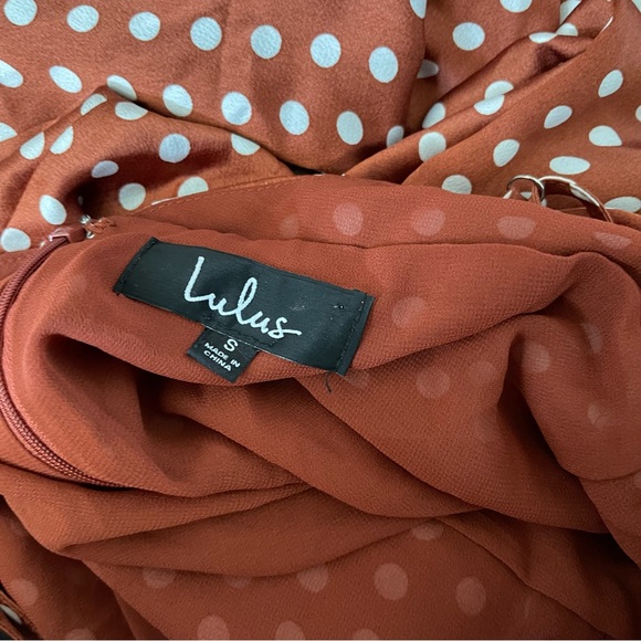 Lulu's Bellamy Rust Brown Polka Dot Backless Handkerchief Dress - Picture 13 of 13